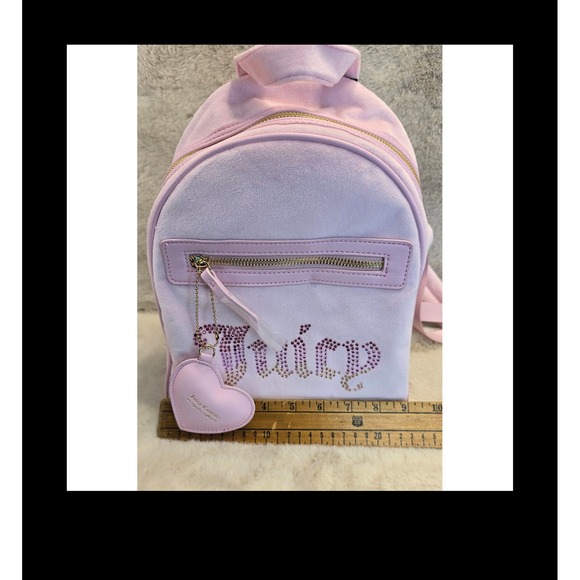 Juicy Couture Pink Velour Mini Backpack NWT Rhinestone Logo Heart Charm Small - Picture 5 of 8